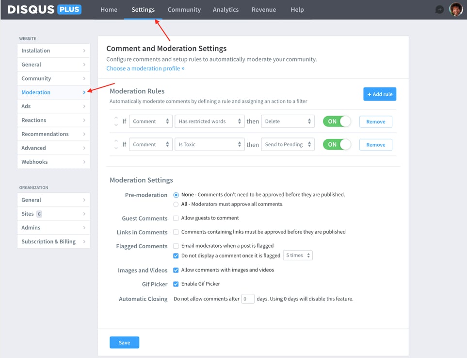 moderation settings